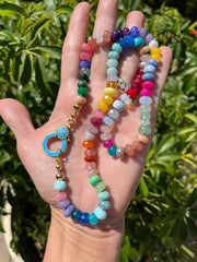 Candy-O  Hand-knotted semiprecious gemstone bead rainbow necklace with baby blue enamel evil-eye lobster clasp and 14k gold-filled endings