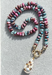 Purple Dahlia Kingman turquoise gemstone bead knotted necklace with baroque pearl pendant