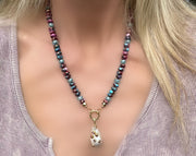 Purple Dahlia Kingman turquoise gemstone bead knotted necklace with baroque pearl pendant