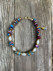 Purple Dahlia Kingman turquoise, mystic aquamarine and pave diamond hand-knotted gemstone bracelet