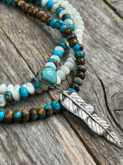 3-strand Kingman turquoise and mother of pearl gemstone bead necklace with sterling and turquoise gemstone leaf pendant