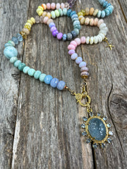 Laguna Nigel - Large, hand-knotted, 9-12mm semiprecious pastel gemstone bead necklace with gold pave diamond lobster clasp, pendant optional
