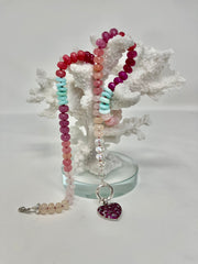 Love Pink - Semiprecious gemstone bead necklace hand-knotted in silk with amethyst heart pendant