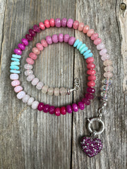Love Pink - Semiprecious gemstone bead necklace hand-knotted in silk with amethyst heart pendant