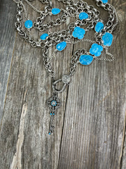 Turquoise gemstone bezel connector chain and cable chain with pave diamond lobster clasp and key pendant