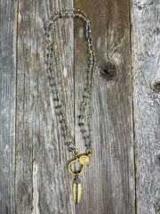 Light blue kyanite gemstone rosary chain necklace with pave diamond lobster clasp and pave diamond surfboard pendant