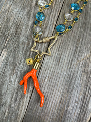 London blue and dark blue topaz chalcedony gemstone bezel chain necklace with diamond carabiner and enamel coral pendant