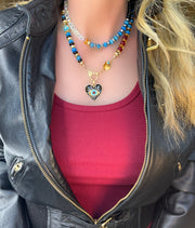 Love & Light - 35.5" colorful, hand-knotted, semiprecious gemstone bead necklace with genuine diamond clasp and diamond evil eye pendant