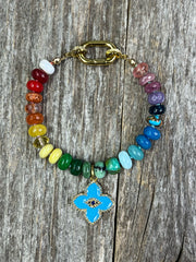 Hand-knotted 7" semiprecious gemstone bead bracelet with pave diamond and blue enamel fleur de lis pendant