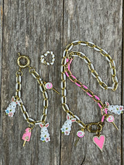 Bunny Luv - 24k gold-filled enamel necklace/bracelet set with 18k gold-filled charms and interchangeable heart clasp