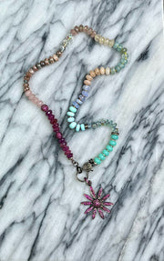 Cotton Candy Paradise - Hand-knotted semiprecious gemstone pastel rainbow necklace with genuine ruby flower pendant