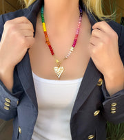 Rainbow Love - Hand-knotted semiprecious rainbow gemstone bead necklace with diamond clasp and diamond heart pendant