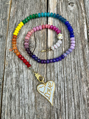 Rainbow Love - Hand-knotted semiprecious rainbow gemstone bead necklace with diamond clasp and diamond heart pendant