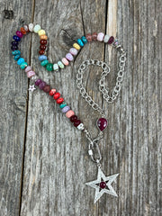 Starlight - Hand-knotted mixed media necklace of semiprecious gemstone rainbow beads with sterling silver link chain and pave diamond star pendant