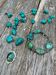 Vintage natural green & blue turquoise necklace and bracelet set with Kingman turquoise pendant