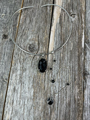 Vintage torque and lariat necklace in sterling silver with 2 interchangeable black onyx gemstone sliders