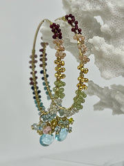 14k Precious and semiprecious rainbow gemstone wire-wrapped hoop earrings