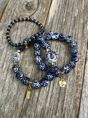 High-end Chinoiserie hand-painted porcelain and gemstone bracelet stack with 14k gold and pave diamond charms
