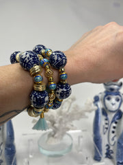 Heigh-end Chinoiserie hand-painted porcelain longevity bead bracelet stack