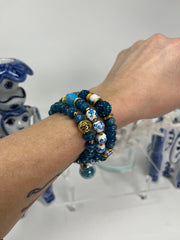 High-end Chinoiserie porcelain flower bead and gemstone bracelet stack in a stunning Delft blue