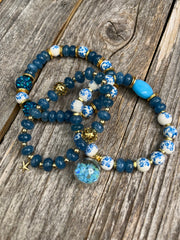 High-end Chinoiserie porcelain flower bead and gemstone bracelet stack in a stunning Delft blue