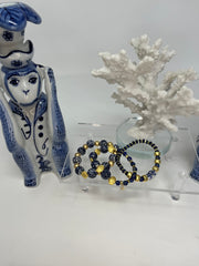 High-end Chinoiserie hand-painted porcelain bead and blue lapis gemstone and gold bead bracelet stack