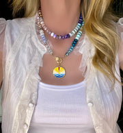 Huntington Beach - 34" large 10-12mm semiprecious gemstone knotted necklace with gorgeous pave diamond and gold sunset pendant