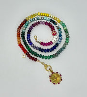 Positano - 8-10mm hand-knotted semiprecious gemstone rainbow bead necklace with pave diamond clasp and ruby and pave diamond evil eye pendant