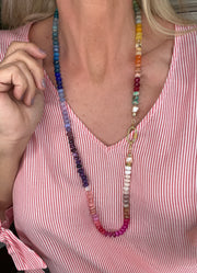 Sugar Magnolia - 32" hand-knotted semiprecious gemstone bead rainbow necklace with diamond carabiner