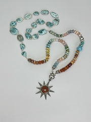 Summer Solstice - 45" 10-15mm gemstone hand-knotted necklace with large larimar gemstone bezel and pave diamond and sunstone sun pendant