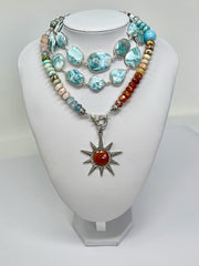 Summer Solstice - 45" 10-15mm gemstone hand-knotted necklace with large larimar gemstone bezel and pave diamond and sunstone sun pendant