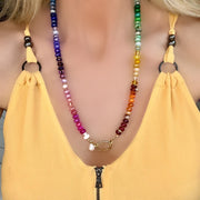 Seashells and Sunshine - 25.5" Hand-knotted semiprecious rainbow gemstone necklace with gold pave diamond snap clasp