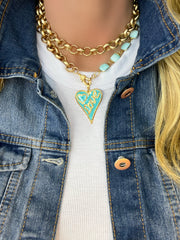Turquoise blue enamel and genuine pave diamond heart pendant paired with a matte gold rolo link and Peruvian opal gemstone bezel chain