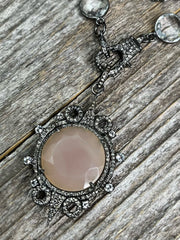 Exquisite, one-of-a-kind, natural pink chalcedony and diamond gemstone pendant with superior AAA rock crystal gemstone puff coin bezel