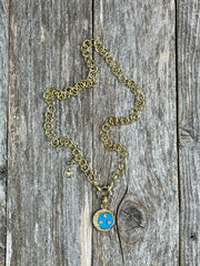 Genuine pave diamond and turquoise moon and stars pendant with diamond lobster clasp on gold-link cable chain