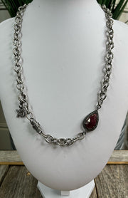Red sapphire and pave diamond textured cable link necklace