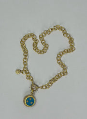 Genuine pave diamond and turquoise moon and stars pendant with diamond lobster clasp on gold-link cable chain