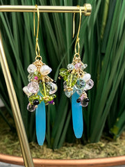 18k Aqua chalcedony gemstone drop bouquet earrings with precious and semiprecious gemstones