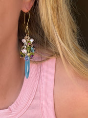 18k Aqua chalcedony gemstone drop bouquet earrings with precious and semiprecious gemstones