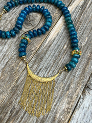 Gold and diamond tassel pendant with 10mm hand-knotted apatite gemstone rondelles and multi-sapphire gemstone beads - Casino Royale