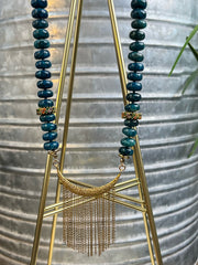 Gold and diamond tassel pendant with 10mm hand-knotted apatite gemstone rondelles and multi-sapphire gemstone beads - Casino Royale