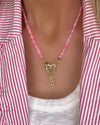 Rare pink Ethiopian opal bead necklace with gemstone heart clasp and pave diamond "love" charm