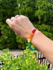 Hand-knotted semiprecious rainbow gemstone bead bracelet in 14k gold