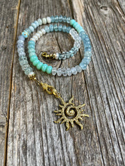 Ocean Blue - Diamond bohemian sun pendant with hand-knotted aqua blue gemstone rondelles and diamond bead necklace
