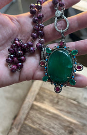Rich ruby rondelle beaded necklace with pave diamond lobster clasp and green onyx, ruby and pave diamond vintage-style pendant