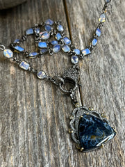 Opalite gemstone bezel necklace with pave diamond lobster clasp and stunning pietersite gemstone and diamond pendant