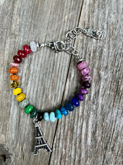 Hand-knotted semiprecious gemstone rainbow bead bracelet with diamond Eiffel Tower charm