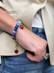 Hand-knotted semiprecious gemstone rainbow bead bracelet with gemstone heart charms