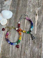 Hand-knotted semiprecious gemstone rainbow bead bracelet with gemstone heart charms