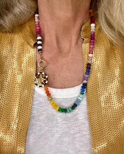 Wanderlust - Hand-knotted semiprecious rainbow gemstone bead necklace with diamond pendant and gold chain extender